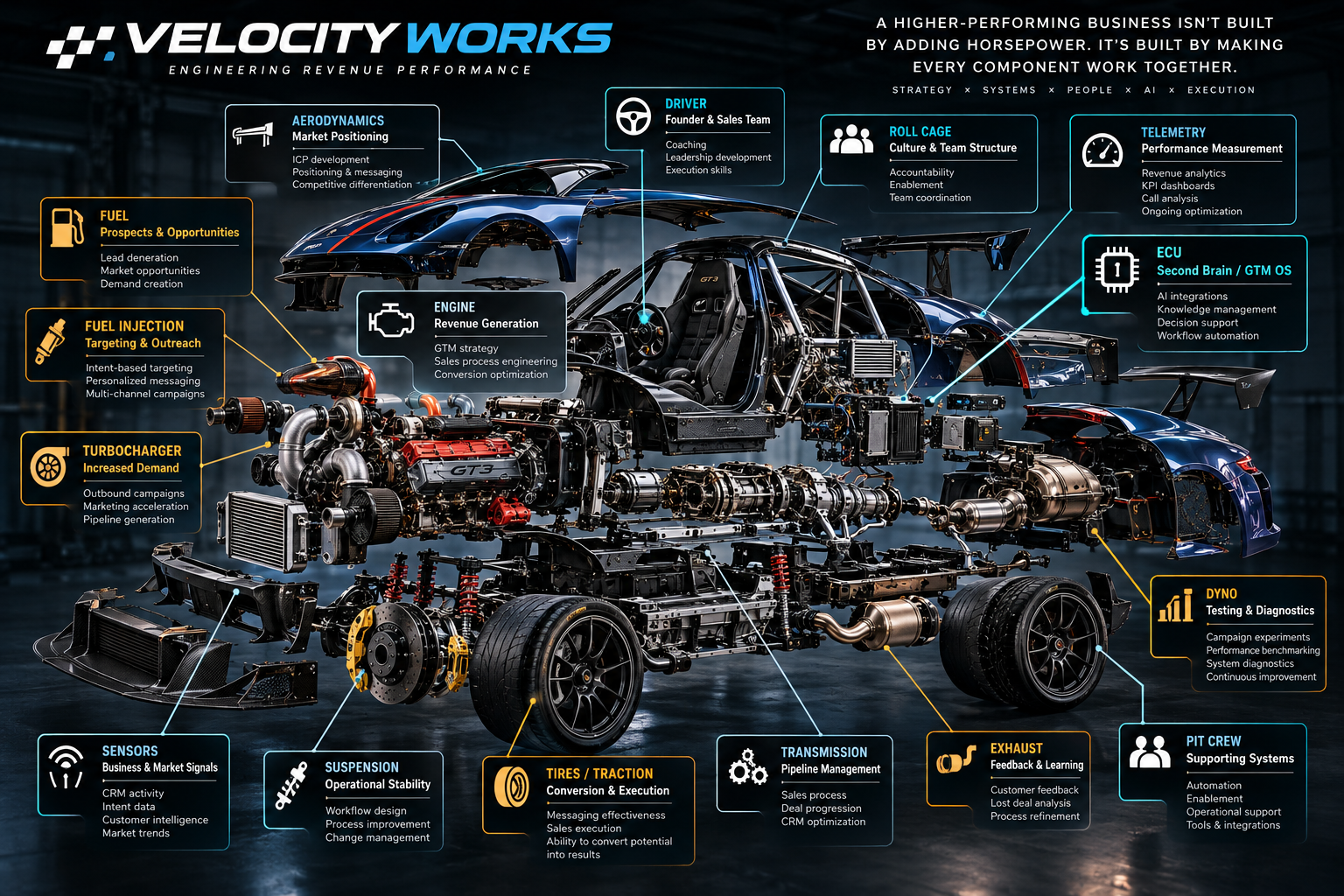 Exploded-view GT3 race car illustrating the components of a revenue performance machine